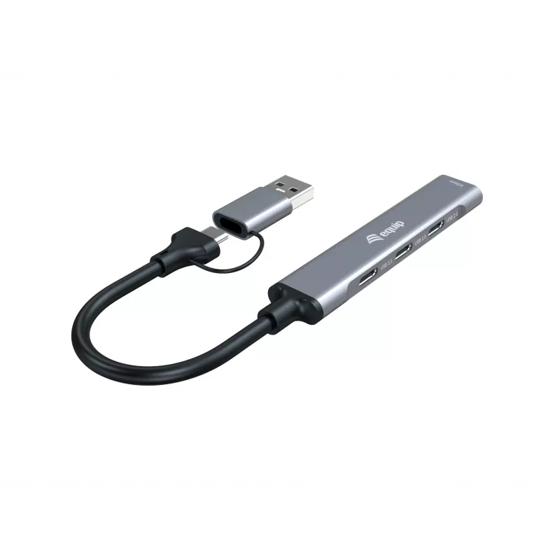 Hub USB 3.2 Gen 1 de 4 portas EQUIP — 3× USB‑C + 1× USB‑A, 5 Gbit/s, alumínio, cinzento