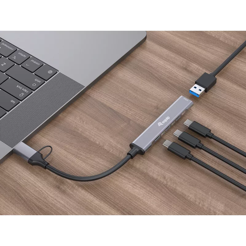 Hub USB 3.2 Gen 1 de 4 portas EQUIP — 3× USB‑C + 1× USB‑A, 5 Gbit/s, alumínio, cinzento
