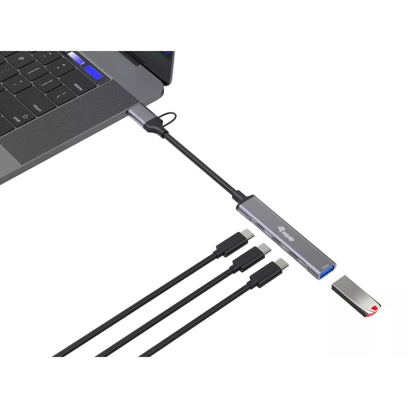Hub USB 3.2 Gen 1 de 4 portas EQUIP — 3× USB‑C + 1× USB‑A, 5 Gbit/s, alumínio, cinzento