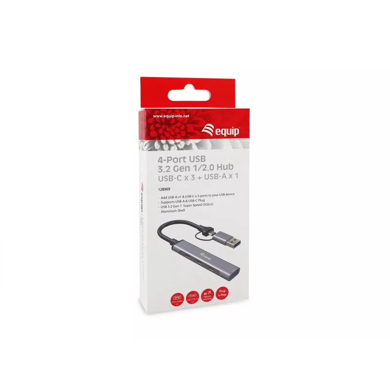 Hub USB 3.2 Gen 1 de 4 portas EQUIP — 3× USB‑C + 1× USB‑A, 5 Gbit/s, alumínio, cinzento