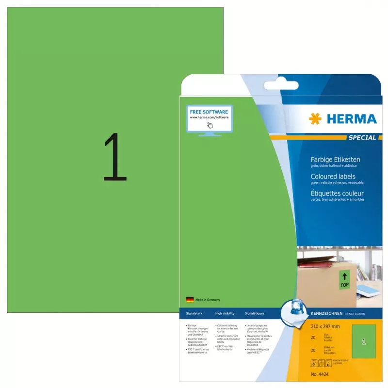 Etiqueta autocolante para impressora HERMA Coloured Labels A4 210x297 mm verde papel mate 20 unid.