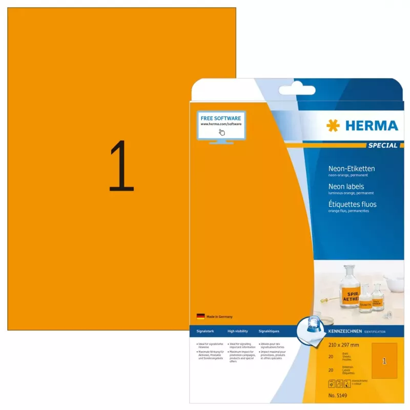 Etiquetas néon HERMA A4 210x297 mm laranja vivo papel mate 20 unid.