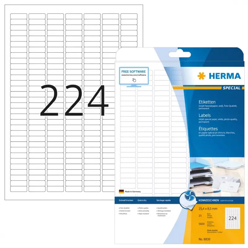 Etiquetas para jato de tinta HERMA A4 25,4x8,5 mm papel branco mate 5600 unid.