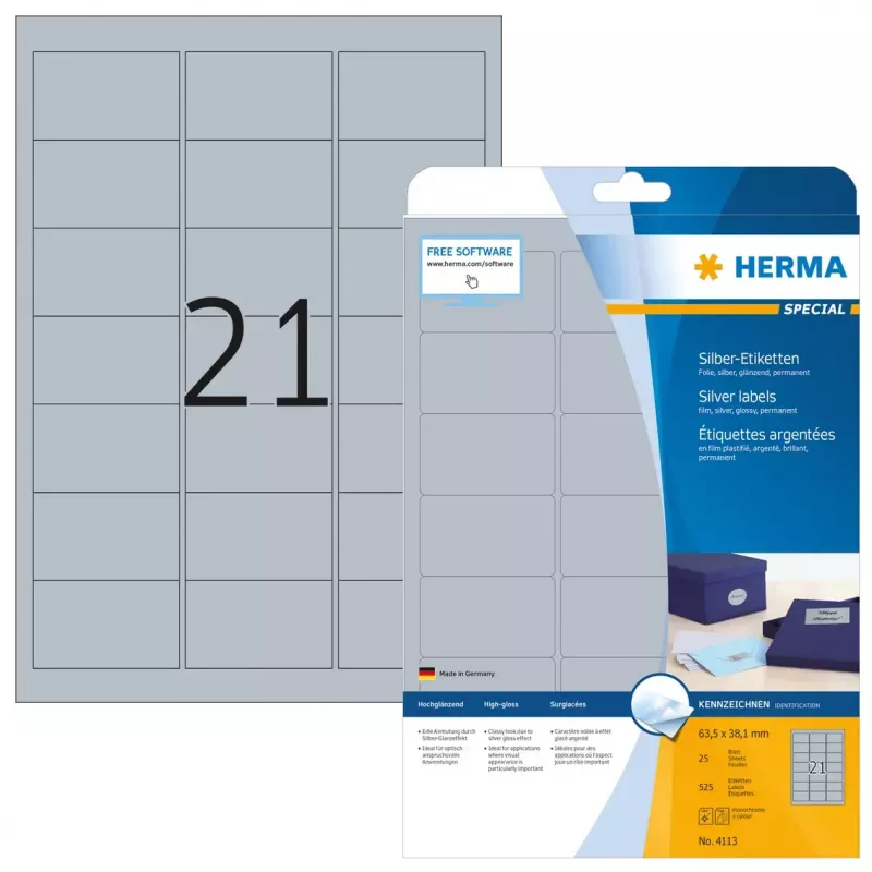 Etiqueta autocolante para impressora HERMA Labels A4 63,5x38,1 mm prateado película brilhante