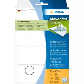 Etiquetas multiusos HERMA 10613 25x40 mm branco reutilizável/removível