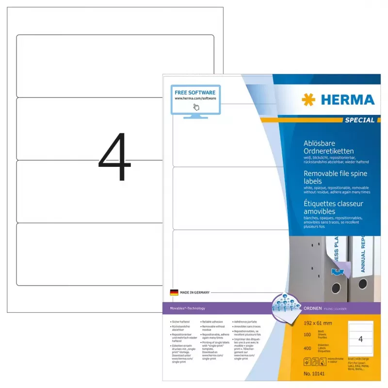 Etiquetas para lombada de dossiê removíveis HERMA 10141 A4 192x61 mm branco