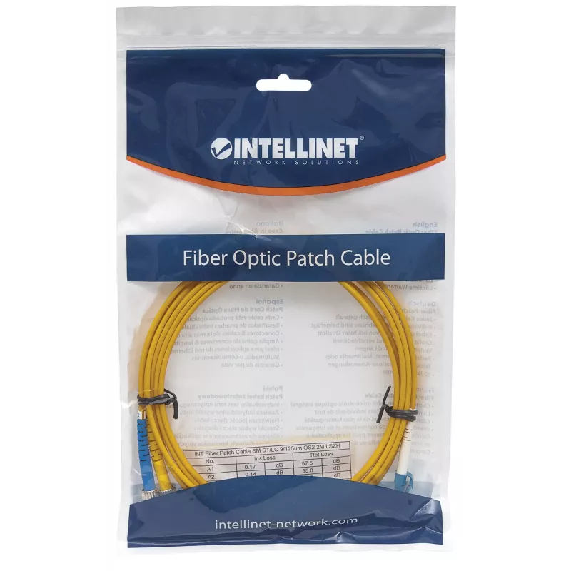 Cabo de patch de fibra ótica Intellinet, OS2, LC/ST, 5 m, amarelo, duplex, monomodo, 9/125 µm, LSZH, fibra ótica, garantia vitalícia