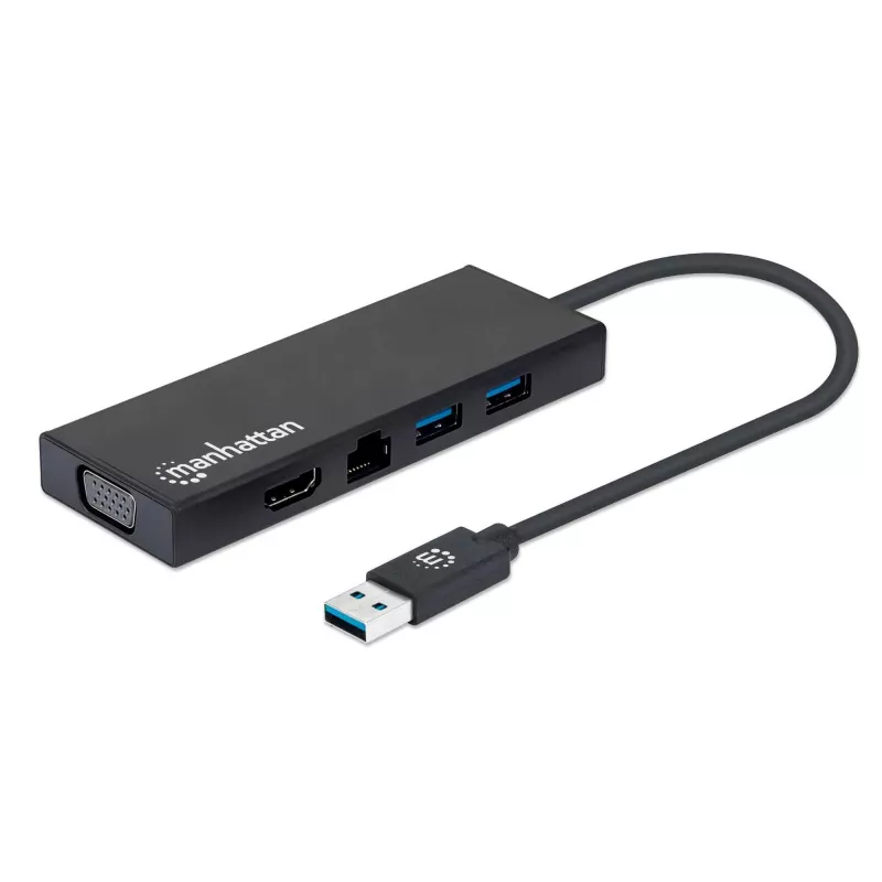 Dock/Hub USB-A Manhattan, conectores (x5): Ethernet, HDMI, USB-A (x2) e VGA, entrada de alimentação Micro-USB (opcional, apenas se for necessária alimentação adicional. Não necessário para funcionalidade de monitor duplo. Cabo não incluído), alumínio, preto, três anos de garantia