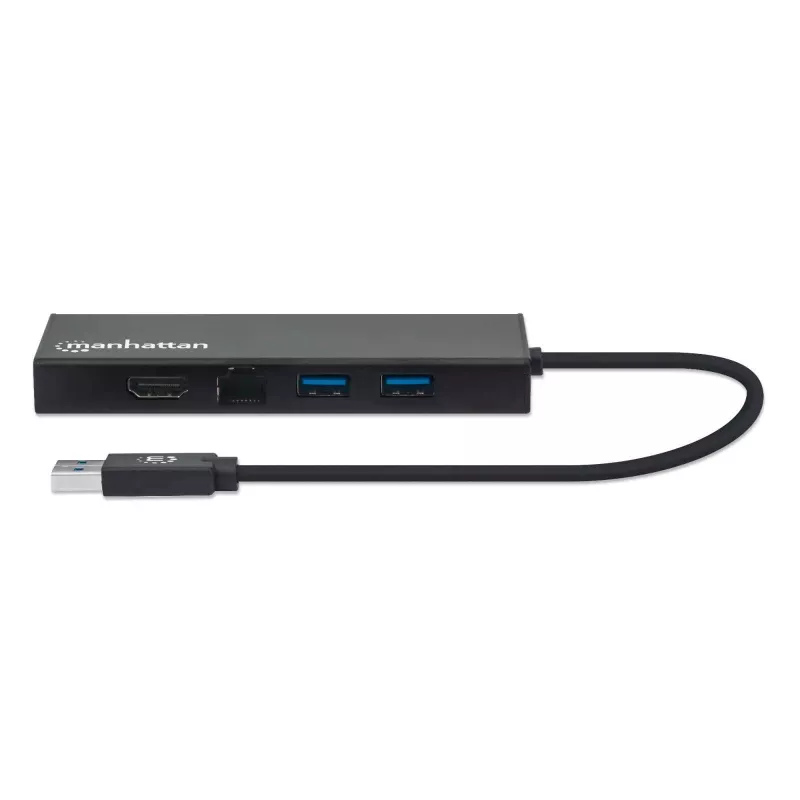 Dock/Hub USB-A Manhattan, conectores (x5): Ethernet, HDMI, USB-A (x2) e VGA, entrada de alimentação Micro-USB (opcional, apenas se for necessária alimentação adicional. Não necessário para funcionalidade de monitor duplo. Cabo não incluído), alumínio, preto, três anos de garantia
