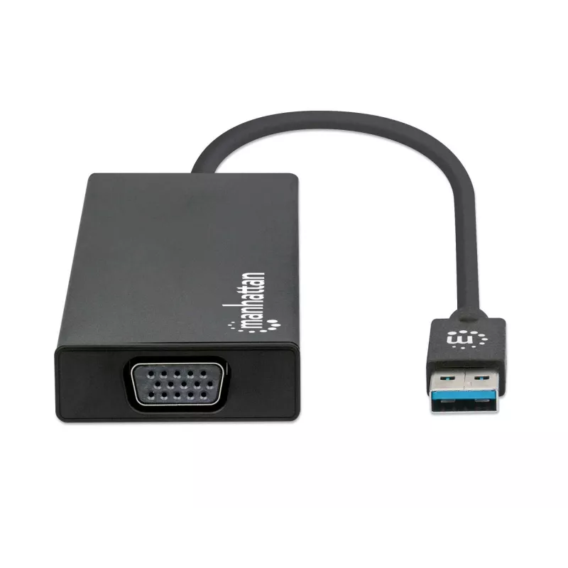 Dock/Hub USB-A Manhattan, conectores (x5): Ethernet, HDMI, USB-A (x2) e VGA, entrada de alimentação Micro-USB (opcional, apenas se for necessária alimentação adicional. Não necessário para funcionalidade de monitor duplo. Cabo não incluído), alumínio, preto, três anos de garantia