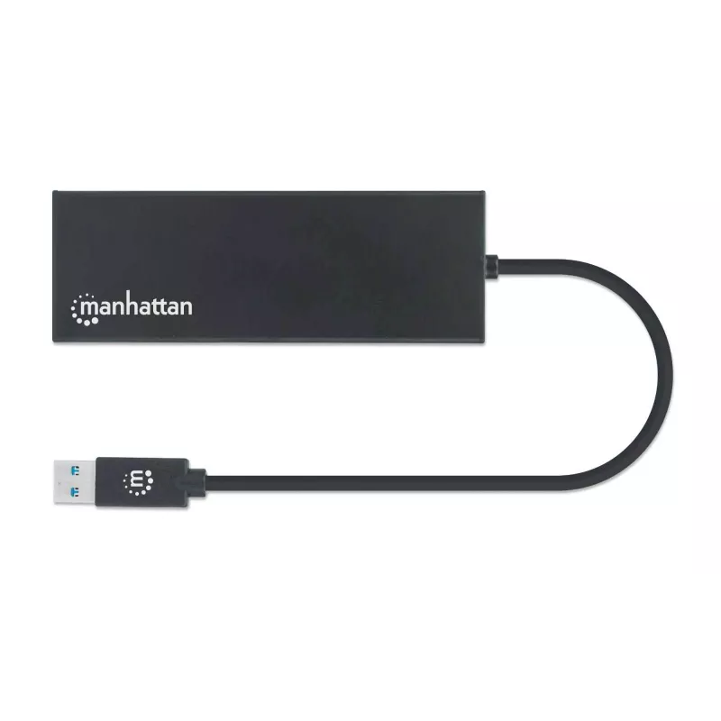 Dock/Hub USB-A Manhattan, conectores (x5): Ethernet, HDMI, USB-A (x2) e VGA, entrada de alimentação Micro-USB (opcional, apenas se for necessária alimentação adicional. Não necessário para funcionalidade de monitor duplo. Cabo não incluído), alumínio, preto, três anos de garantia