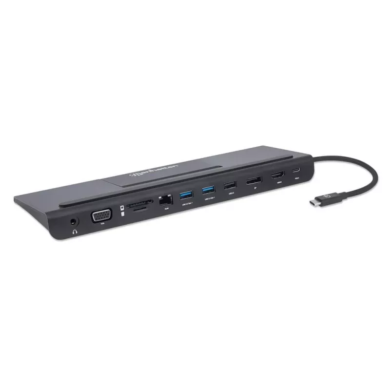 Dock/Hub USB-C Manhattan com leitor de cartões e MST, conectores (x9): áudio 3,5 mm, DisplayPort, Ethernet, HDMI, USB-A (x3), USB-C e VGA, com Power Delivery (100 W) para o conector USB-C (nota: fonte de alimentação USB-C e cabo USB-C adicionais necessários), todos os conectores podem ser utilizados simultaneamente