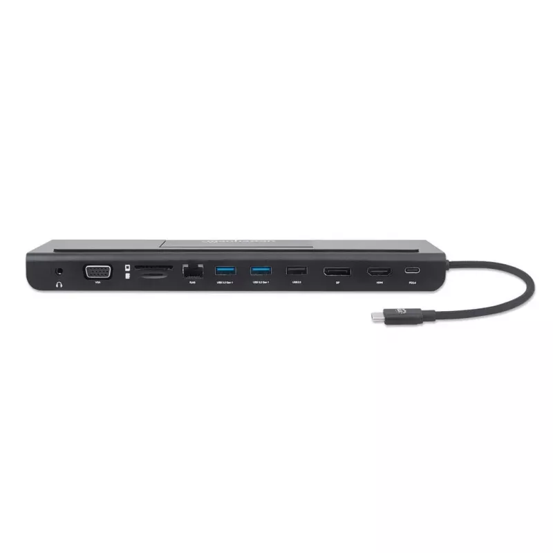 Dock/Hub USB-C Manhattan com leitor de cartões e MST, conectores (x9): áudio 3,5 mm, DisplayPort, Ethernet, HDMI, USB-A (x3), USB-C e VGA, com Power Delivery (100 W) para o conector USB-C (nota: fonte de alimentação USB-C e cabo USB-C adicionais necessários), todos os conectores podem ser utilizados simultaneamente