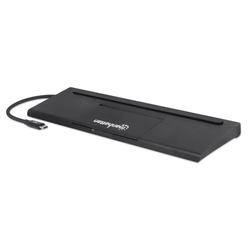 Dock/Hub USB-C Manhattan com leitor de cartões e MST, conectores (x9): áudio 3,5 mm, DisplayPort, Ethernet, HDMI, USB-A (x3), USB-C e VGA, com Power Delivery (100 W) para o conector USB-C (nota: fonte de alimentação USB-C e cabo USB-C adicionais necessários), todos os conectores podem ser utilizados simultaneamente