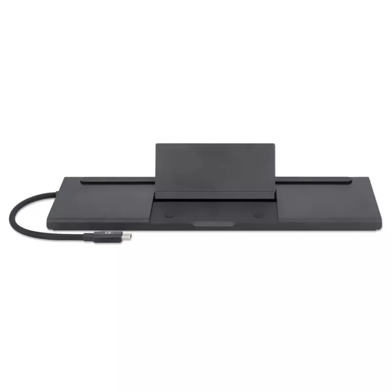 Dock/Hub USB-C Manhattan com leitor de cartões e MST, conectores (x9): áudio 3,5 mm, DisplayPort, Ethernet, HDMI, USB-A (x3), USB-C e VGA, com Power Delivery (100 W) para o conector USB-C (nota: fonte de alimentação USB-C e cabo USB-C adicionais necessários), todos os conectores podem ser utilizados simultaneamente