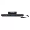 Dock/Hub USB-C Manhattan com leitor de cartões e MST, conectores (x9): áudio 3,5 mm, DisplayPort, Ethernet, HDMI, USB-A (x3), USB-C e VGA, com Power Delivery (100 W) para o conector USB-C (nota: fonte de alimentação USB-C e cabo USB-C adicionais necessários), todos os conectores podem ser utilizados simultaneamente
