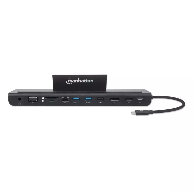 Dock/Hub USB-C Manhattan com leitor de cartões e MST, conectores (x9): áudio 3,5 mm, DisplayPort, Ethernet, HDMI, USB-A (x3), USB-C e VGA, com Power Delivery (100 W) para o conector USB-C (nota: fonte de alimentação USB-C e cabo USB-C adicionais necessários), todos os conectores podem ser utilizados simultaneamente