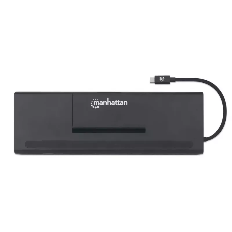 Dock/Hub USB-C Manhattan com leitor de cartões e MST, conectores (x9): áudio 3,5 mm, DisplayPort, Ethernet, HDMI, USB-A (x3), USB-C e VGA, com Power Delivery (100 W) para o conector USB-C (nota: fonte de alimentação USB-C e cabo USB-C adicionais necessários), todos os conectores podem ser utilizados simultaneamente