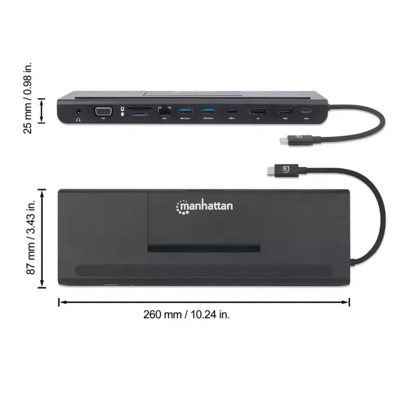 Dock/Hub USB-C Manhattan com leitor de cartões e MST, conectores (x9): áudio 3,5 mm, DisplayPort, Ethernet, HDMI, USB-A (x3), USB-C e VGA, com Power Delivery (100 W) para o conector USB-C (nota: fonte de alimentação USB-C e cabo USB-C adicionais necessários), todos os conectores podem ser utilizados simultaneamente