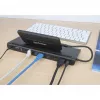 Dock/Hub USB-C Manhattan com leitor de cartões e MST, conectores (x9): áudio 3,5 mm, DisplayPort, Ethernet, HDMI, USB-A (x3), USB-C e VGA, com Power Delivery (100 W) para o conector USB-C (nota: fonte de alimentação USB-C e cabo USB-C adicionais necessários), todos os conectores podem ser utilizados simultaneamente