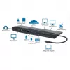 Dock/Hub USB-C Manhattan com leitor de cartões e MST, conectores (x9): áudio 3,5 mm, DisplayPort, Ethernet, HDMI, USB-A (x3), USB-C e VGA, com Power Delivery (100 W) para o conector USB-C (nota: fonte de alimentação USB-C e cabo USB-C adicionais necessários), todos os conectores podem ser utilizados simultaneamente