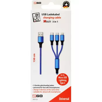 Cabo USB 2GO 797151 1,5 m USB-B USB-C/Micro-USB-B/Lightning preto azul