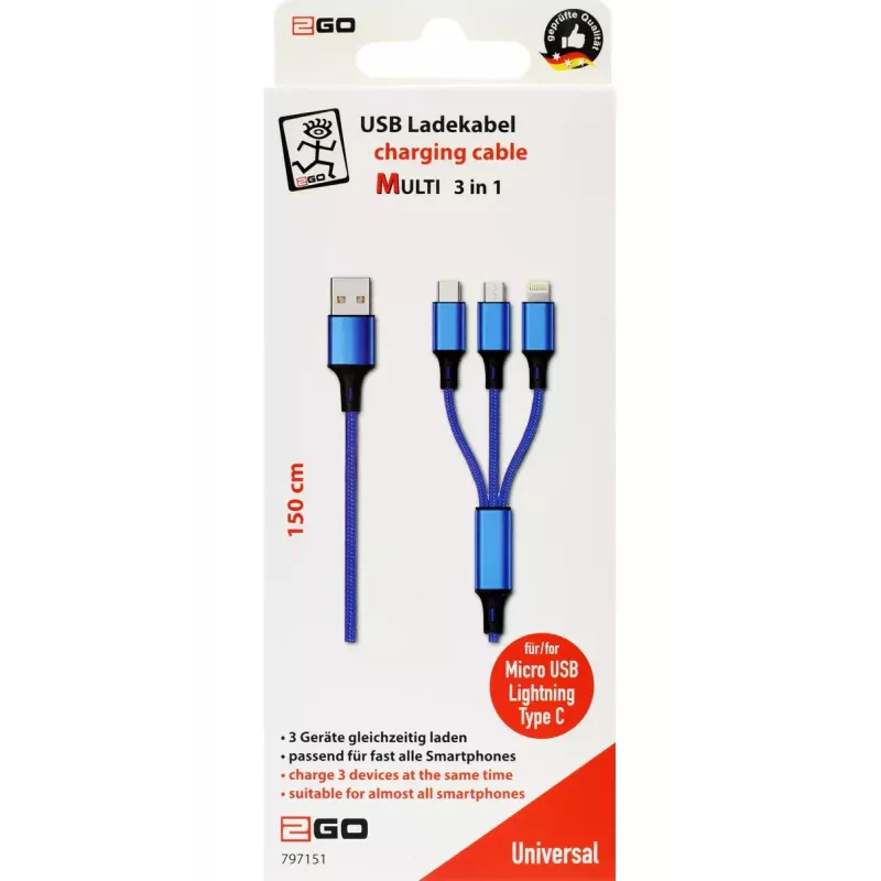 Cabo USB 2GO 797151 1,5 m USB-B USB-C/Micro-USB-B/Lightning preto azul