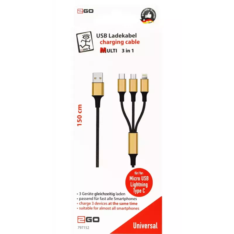 Cabo USB 2GO 797152 3 m USB B USB C/Micro-USB B/Lightning preto dourado