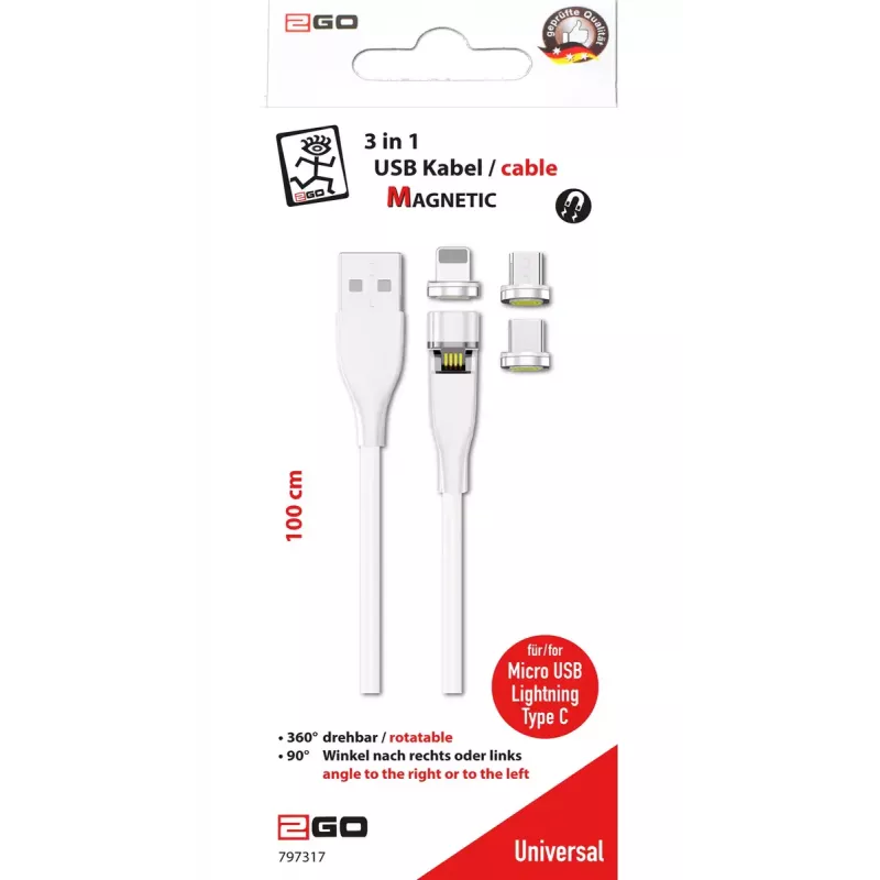 Cabo USB 2GO 797317 1 m USB B USB C/Micro-USB B/Lightning branco