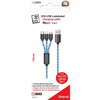 Cabo USB 2GO 797315 1,5 m USB B USB C/Micro-USB B/Lightning preto azul