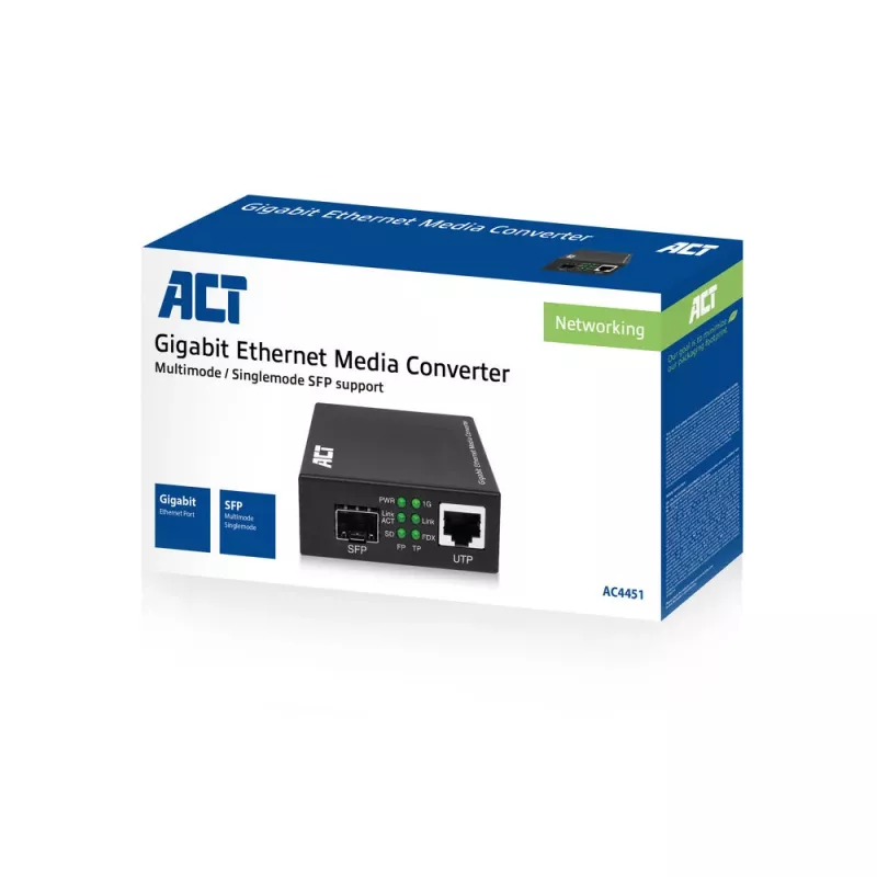 Conversor de suporte de rede ACT AC4451 1000 Mbit/s multimodo monomodo preto