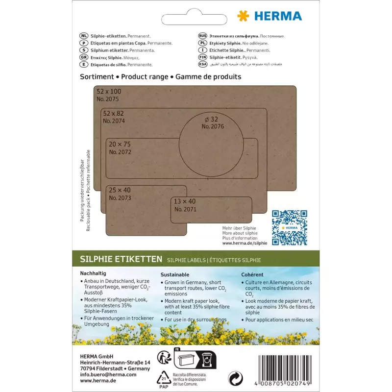 Etiquetas multiusos HERMA 2074 Silphie, 52x82 mm, 24 folhas, embalagem de escritório