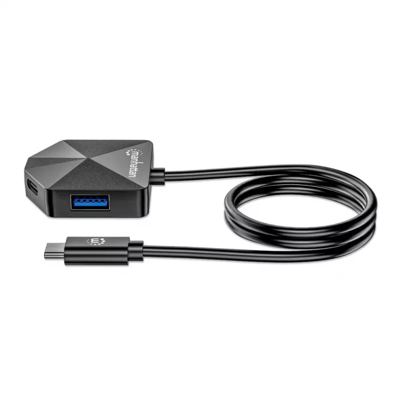 Dock/hub combo USB-C e USB-A Manhattan, portas (4): USB-A (x2) e USB-C (x2), 5 Gbit/s (USB 3.2 Gen1 também conhecido como USB 3.0), formato angular para fácil acesso às portas, alimentado por USB (não requer fonte de alimentação externa)
