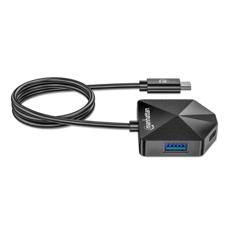 Dock/hub combo USB-C e USB-A Manhattan, portas (4): USB-A (x2) e USB-C (x2), 5 Gbit/s (USB 3.2 Gen1 também conhecido como USB 3.0), formato angular para fácil acesso às portas, alimentado por USB (não requer fonte de alimentação externa)
