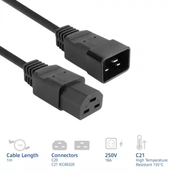 Cabo de alimentação ACT C20–C21 IEC60320 preto 1 m, 250 V 16 A