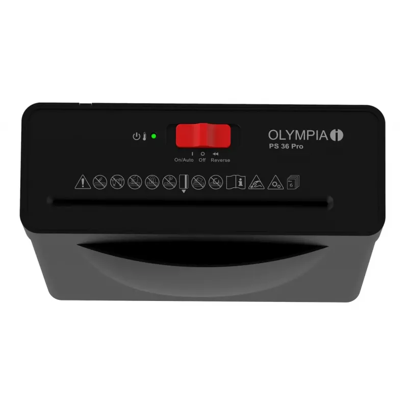 Destruidora de documentos Olympia PS 36 Pro — corte em tiras, cesto de recolha de 8 litros, 72 dB, preto