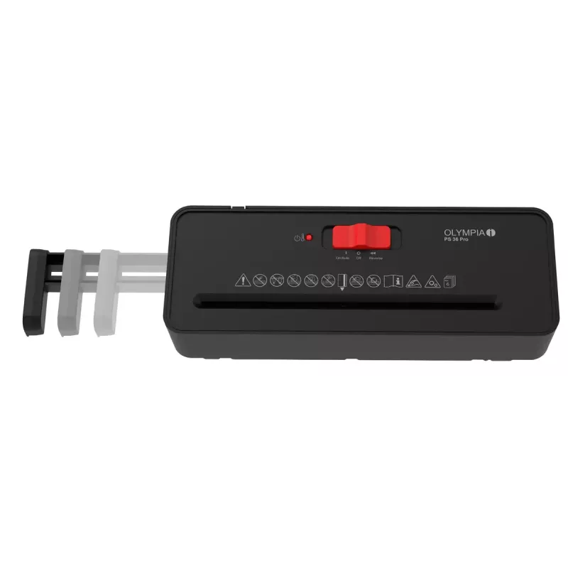 Destruidora de documentos Olympia PS 36 Pro — corte em tiras, cesto de recolha de 8 litros, 72 dB, preto