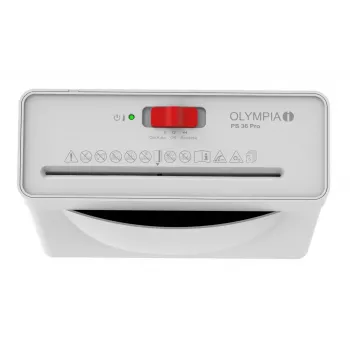 Destruidora de documentos Olympia PS 36 Pro — corte em tiras, recipiente de recolha 8 L, 72 dB, branco