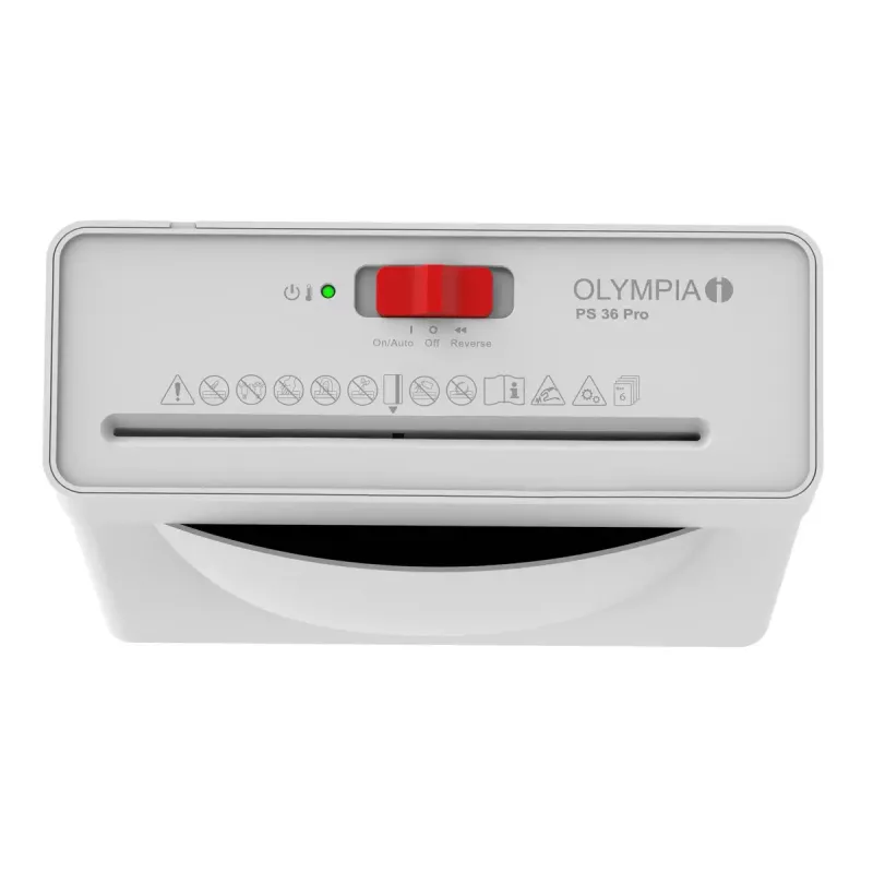 Destruidora de documentos Olympia PS 36 Pro — corte em tiras, recipiente de recolha 8 L, 72 dB, branco