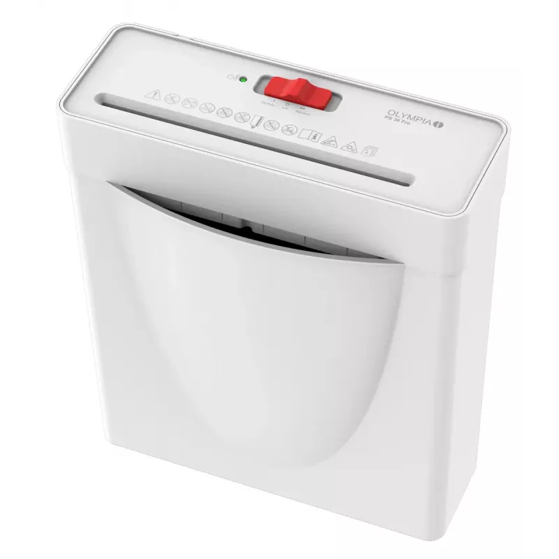 Destruidora de documentos Olympia PS 36 Pro — corte em tiras, recipiente de recolha 8 L, 72 dB, branco