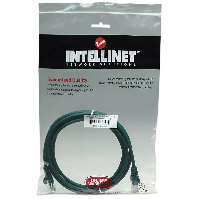 Cabo de rede Intellinet, Cat5e, 7,5 m, verde, CCA, U/UTP, PVC, RJ45, contactos banhados a ouro, proteção da patilha, proteção anti-dobra, garantia vitalícia