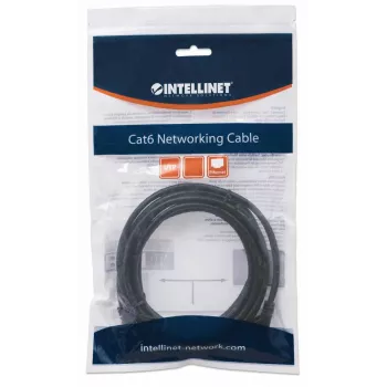 Cabo de rede Intellinet, Cat6, 2 m, preto, CCA, U/UTP, PVC, RJ45, contactos banhados a ouro, proteção da patilha, proteção anti-dobra, garantia vitalícia