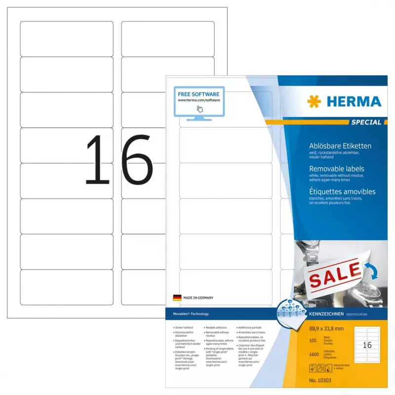 Etiquetas removíveis HERMA 10303 A4 88,9x33,8 mm branco