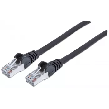 Cabo de rede patch Intellinet, Cat6A, 30 m, preto, cobre, S/FTP, LSOH / LSZH, PVC, RJ45, contactos banhados a ouro, proteção do cabo com proteção da patilha, proteção anti-dobra moldada, garantia vitalícia