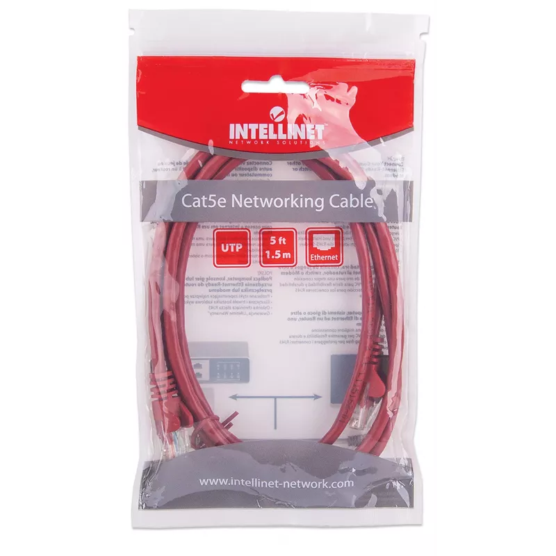 Cabo de rede patch Intellinet, Cat5e, 1,5 m, vermelho, CCA, U/UTP, PVC, RJ45, contactos banhados a ouro, sem patilha, proteção anti-dobra, garantia vitalícia