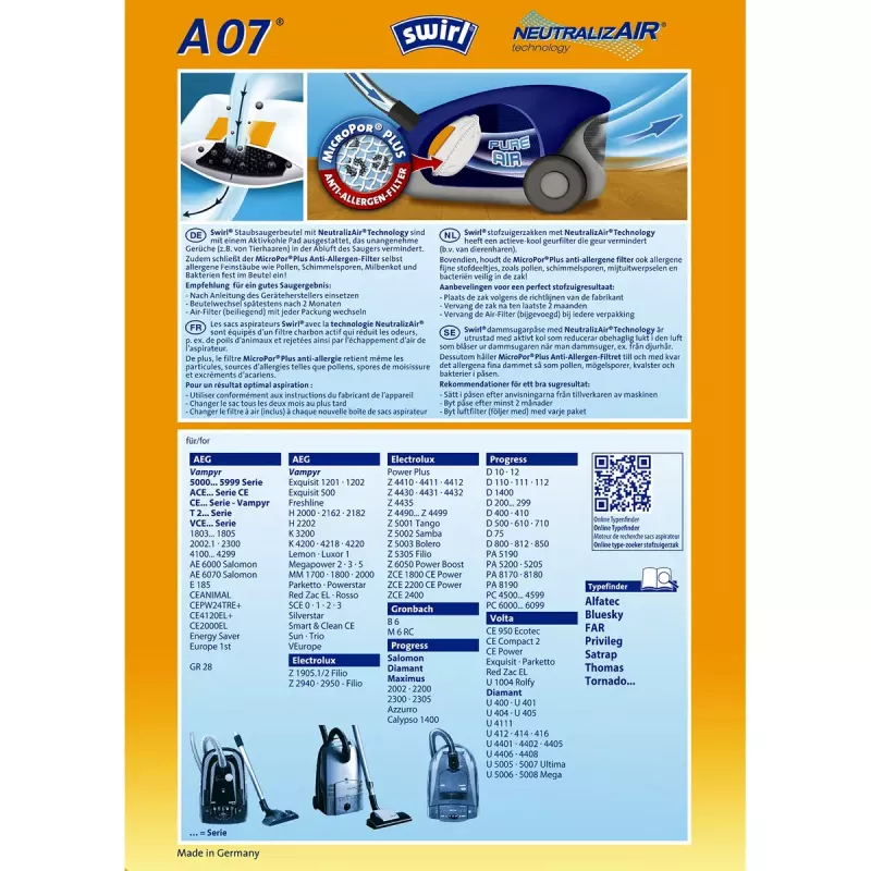 Sacos para aspirador Swirl A 07 NeutralizAir aspirador cilíndrico
