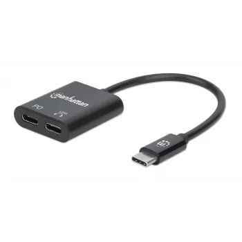 Adaptador de áudio USB-C para USB-C e USB-C da Manhattan (incl. Power Delivery), preto, 480 Mbit/s (USB 2.0), cabo 11cm, com Power Delivery para porta USB-C (60W), três anos de garantia