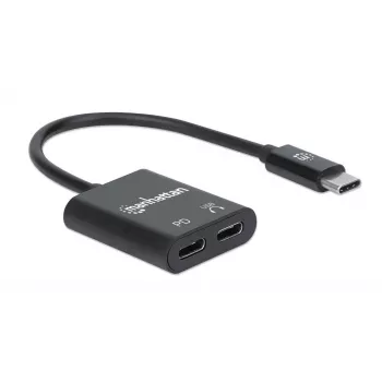 Adaptador de áudio USB-C para USB-C e USB-C da Manhattan (incl. Power Delivery), preto, 480 Mbit/s (USB 2.0), cabo 11cm, com Power Delivery para porta USB-C (60W), três anos de garantia