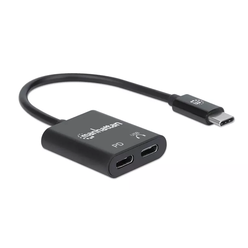 Adaptador de áudio USB-C para USB-C e USB-C da Manhattan (incl. Power Delivery), preto, 480 Mbit/s (USB 2.0), cabo 11cm, com Power Delivery para porta USB-C (60W), três anos de garantia