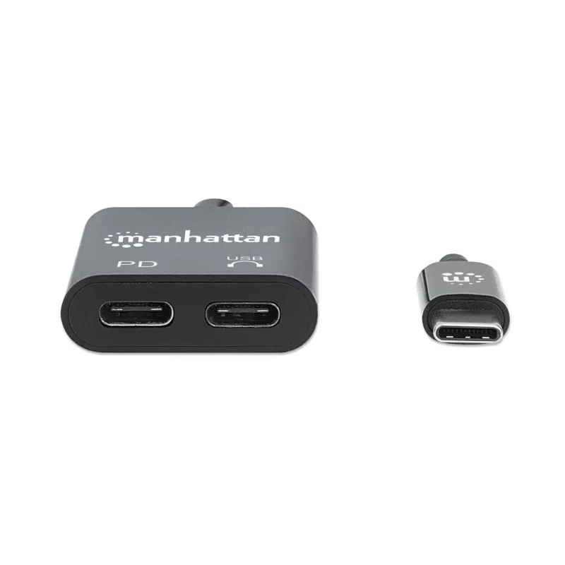 Adaptador de áudio USB-C para USB-C e USB-C da Manhattan (incl. Power Delivery), preto, 480 Mbit/s (USB 2.0), cabo 11cm, com Power Delivery para porta USB-C (60W), três anos de garantia